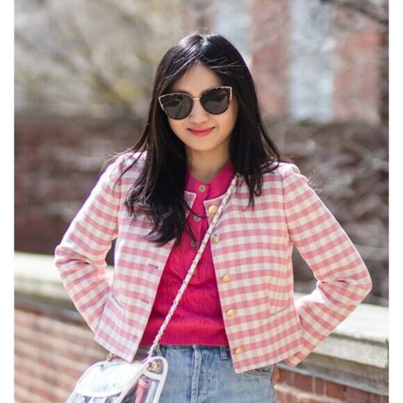 J. CREW Louisa Lady Jacket in Pink Gingham Terry Tweed Size 8 - Picture 3 of 12